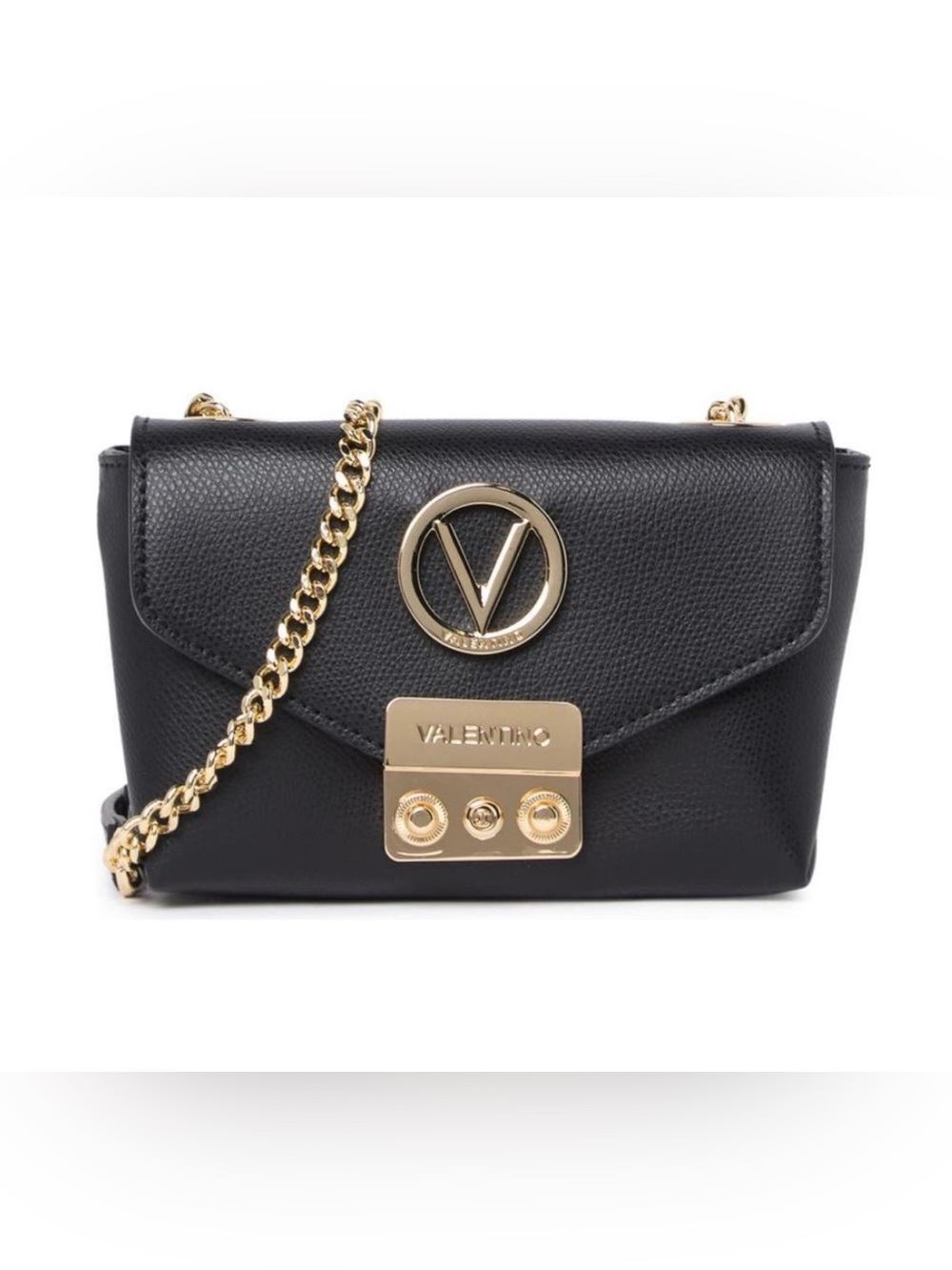 Valentino Black Leather Crossbody with Gold Chain & Logo